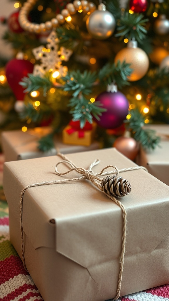 A creatively wrapped Christmas gift with kraft paper and twine under a decorated tree.